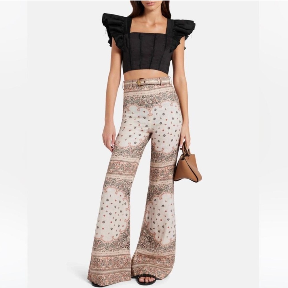 ZIMMERMANN Cream Bandana Print Belted Flared Linen Pants Size 3 / US 8 - 10